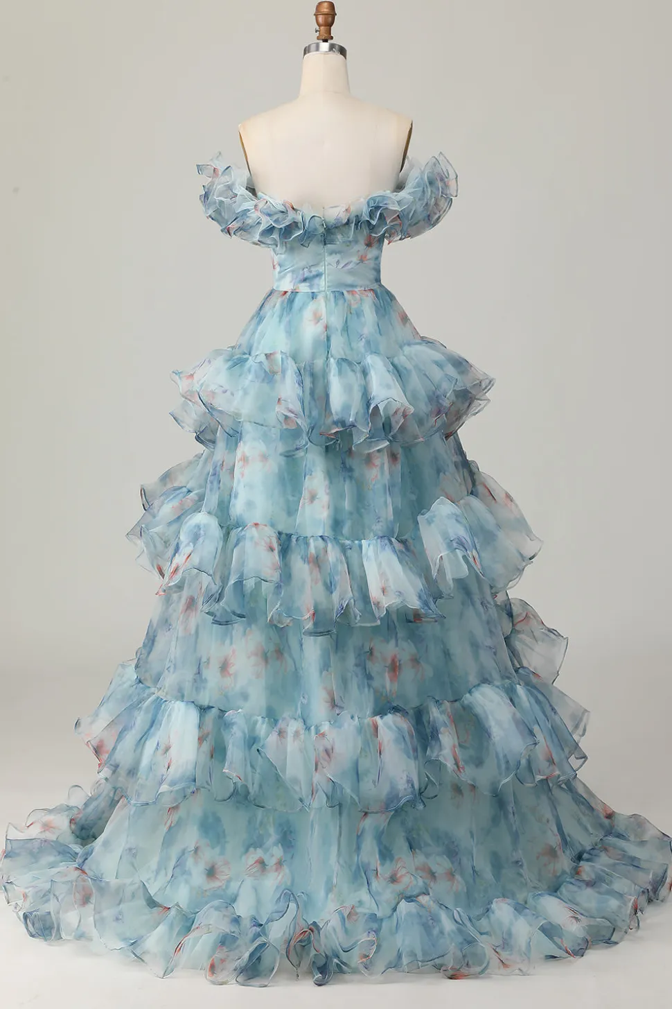 Azul Floral Uma Linha Fora do Ombro Vestido de Baile de Formatura com Babados