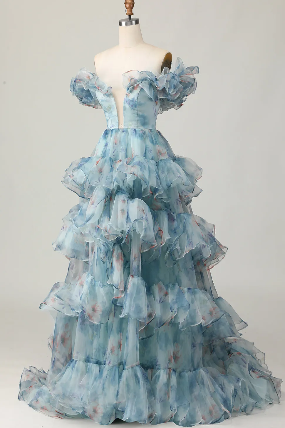 Azul Floral Uma Linha Fora do Ombro Vestido de Baile de Formatura com Babados