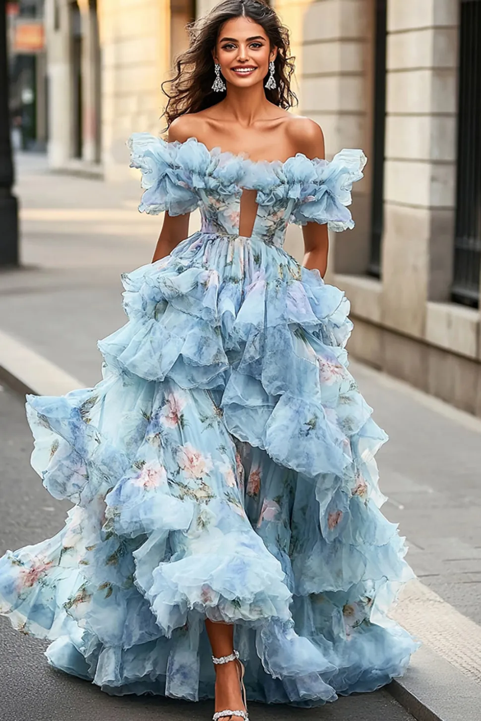 Azul Floral Uma Linha Fora do Ombro Vestido de Baile de Formatura com Babados