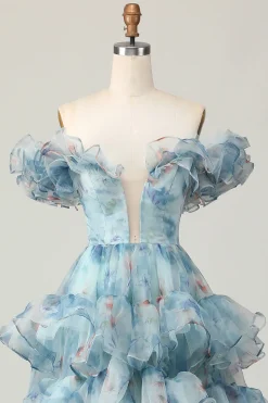 Azul Floral Uma Linha Fora do Ombro Vestido de Baile de Formatura com Babados