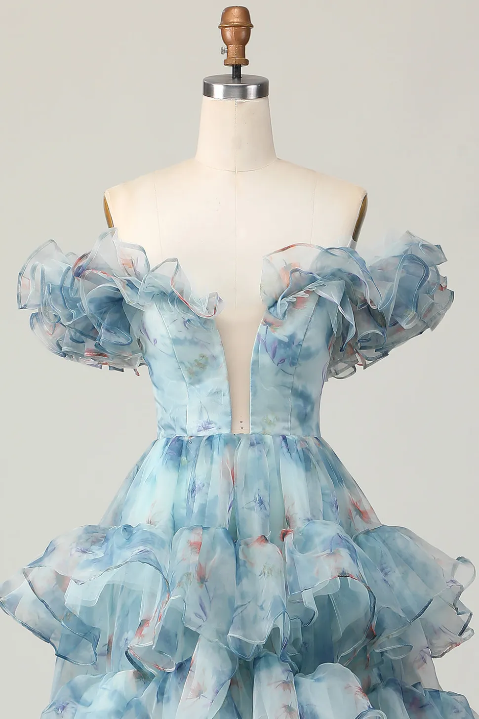 Azul Floral Uma Linha Fora do Ombro Vestido de Baile de Formatura com Babados