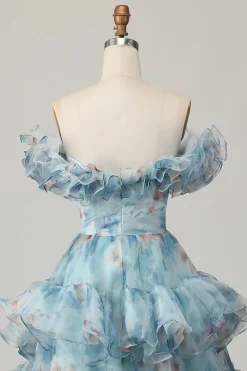 Azul Floral Uma Linha Fora do Ombro Vestido de Baile de Formatura com Babados