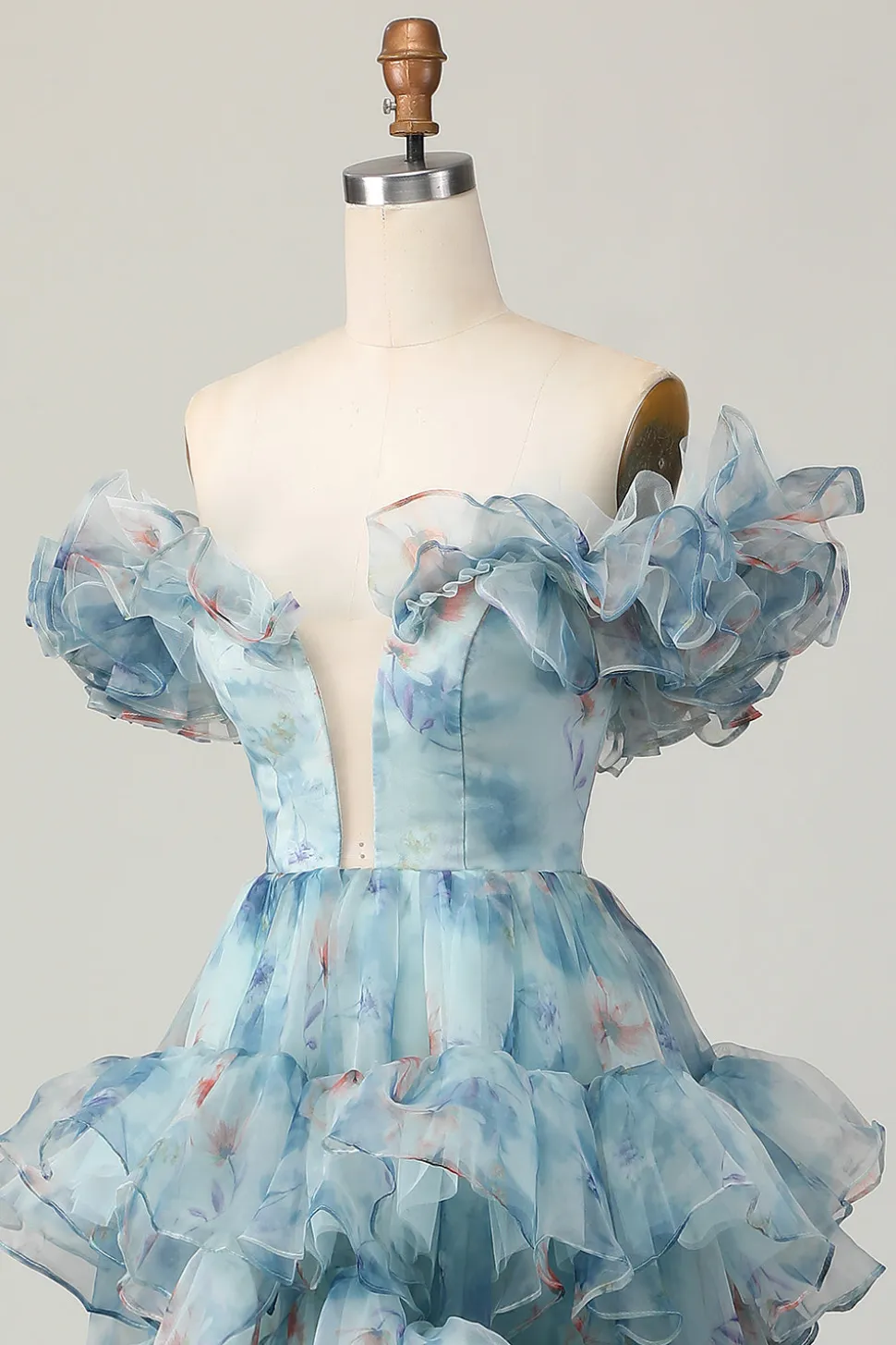 Azul Floral Uma Linha Fora do Ombro Vestido de Baile de Formatura com Babados