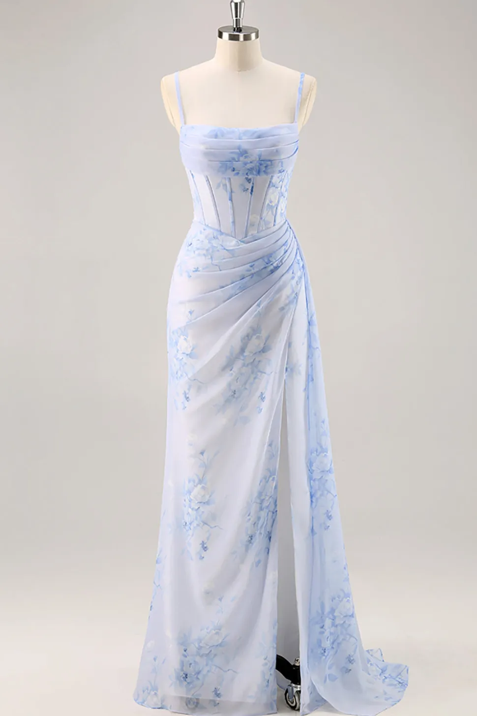 Azul Flores Bainha Longos Vestido Para Casamento Convidada com Fenda