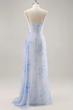 Azul Flores Bainha Longos Vestido Para Casamento Convidada com Fenda