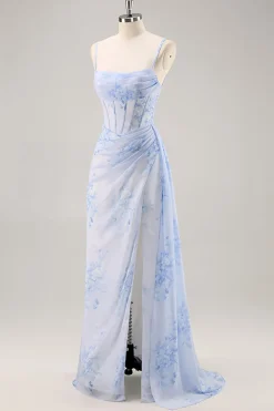 Azul Flores Bainha Longos Vestido Para Casamento Convidada com Fenda