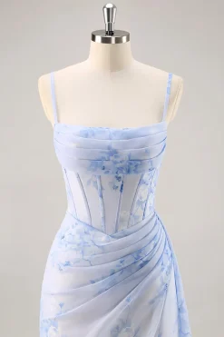 Azul Flores Bainha Longos Vestido Para Casamento Convidada com Fenda