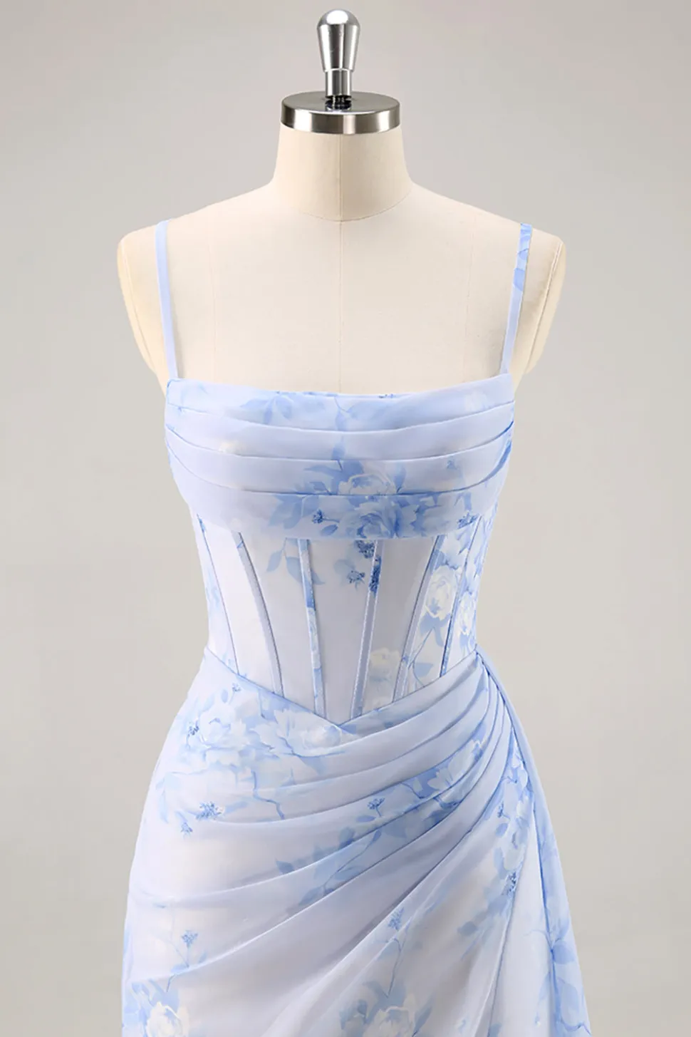 Azul Flores Bainha Longos Vestido Para Casamento Convidada com Fenda