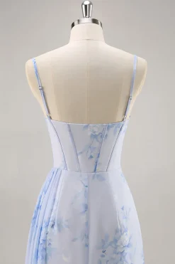Azul Flores Bainha Longos Vestido Para Casamento Convidada com Fenda