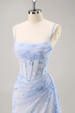 Azul Flores Bainha Longos Vestido Para Casamento Convidada com Fenda