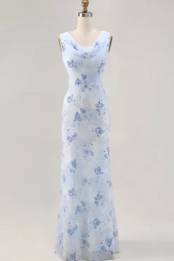Azul Flores Decote Redondo Bainha Longos Vestido Para Casamento Convidada