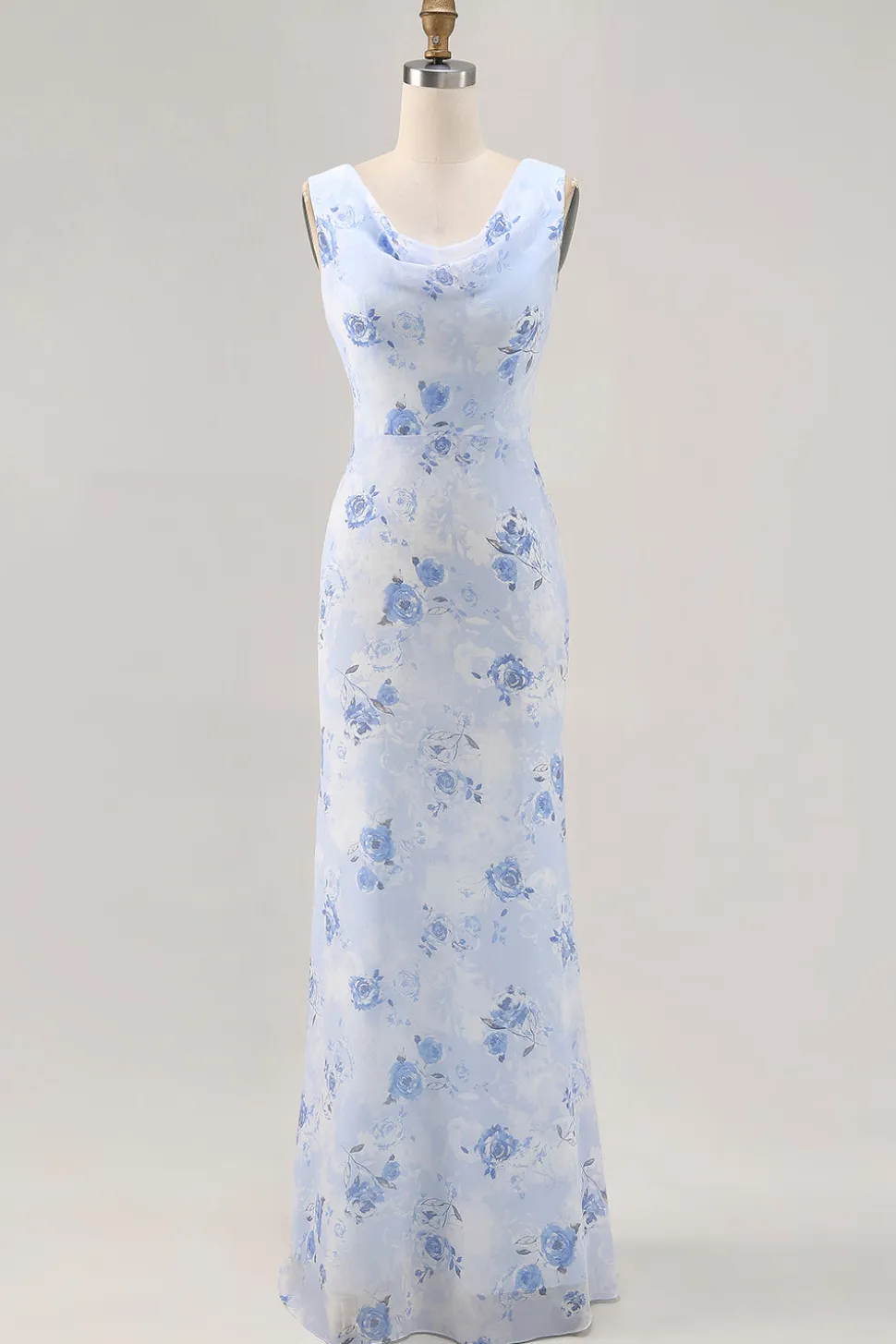 Azul Flores Decote Redondo Bainha Longos Vestido Para Casamento Convidada