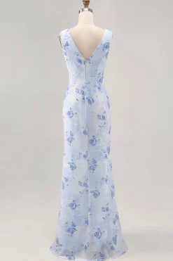 Azul Flores Decote Redondo Bainha Longos Vestido Para Casamento Convidada