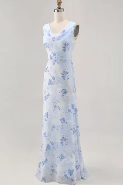 Azul Flores Decote Redondo Bainha Longos Vestido Para Casamento Convidada