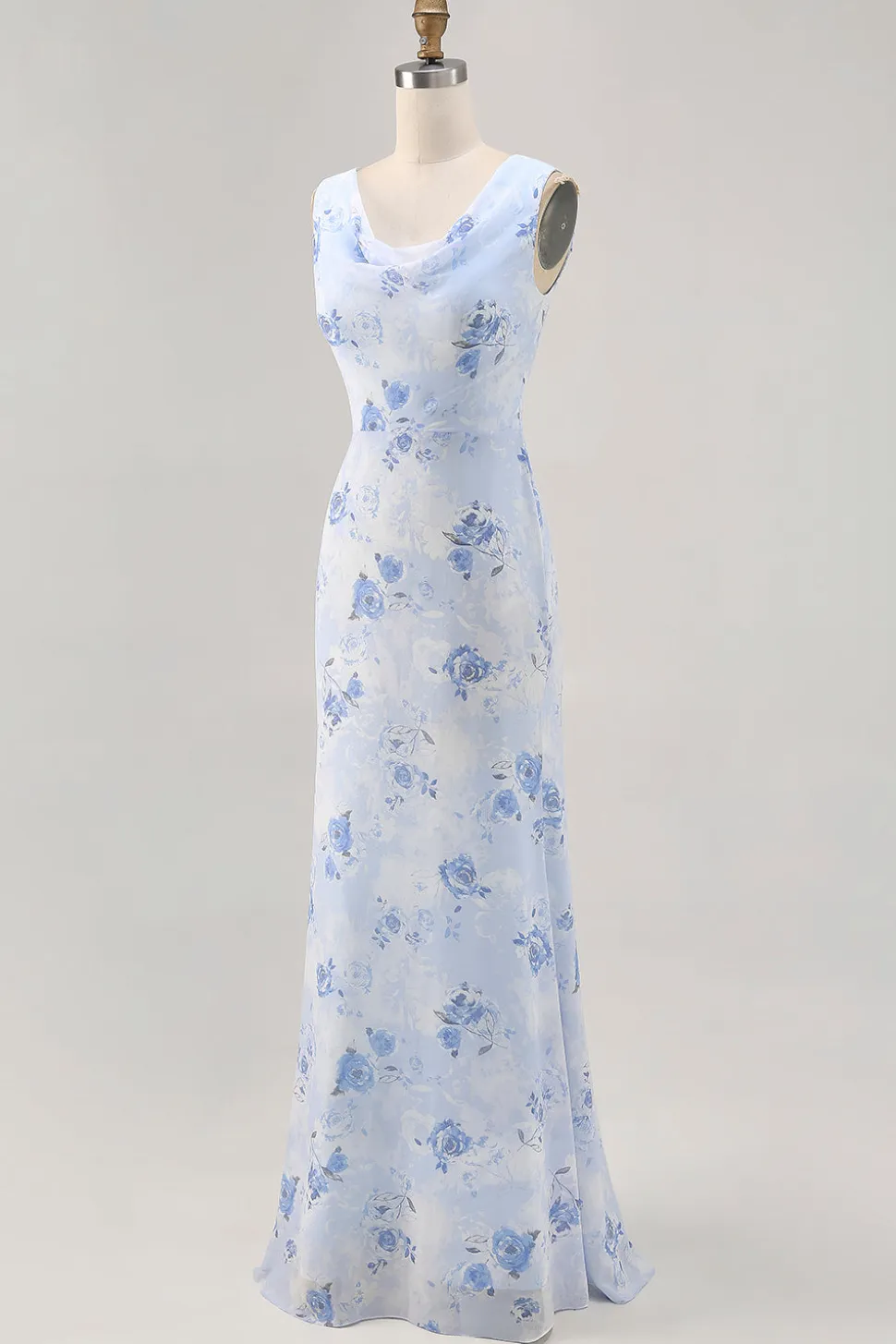 Azul Flores Decote Redondo Bainha Longos Vestido Para Casamento Convidada