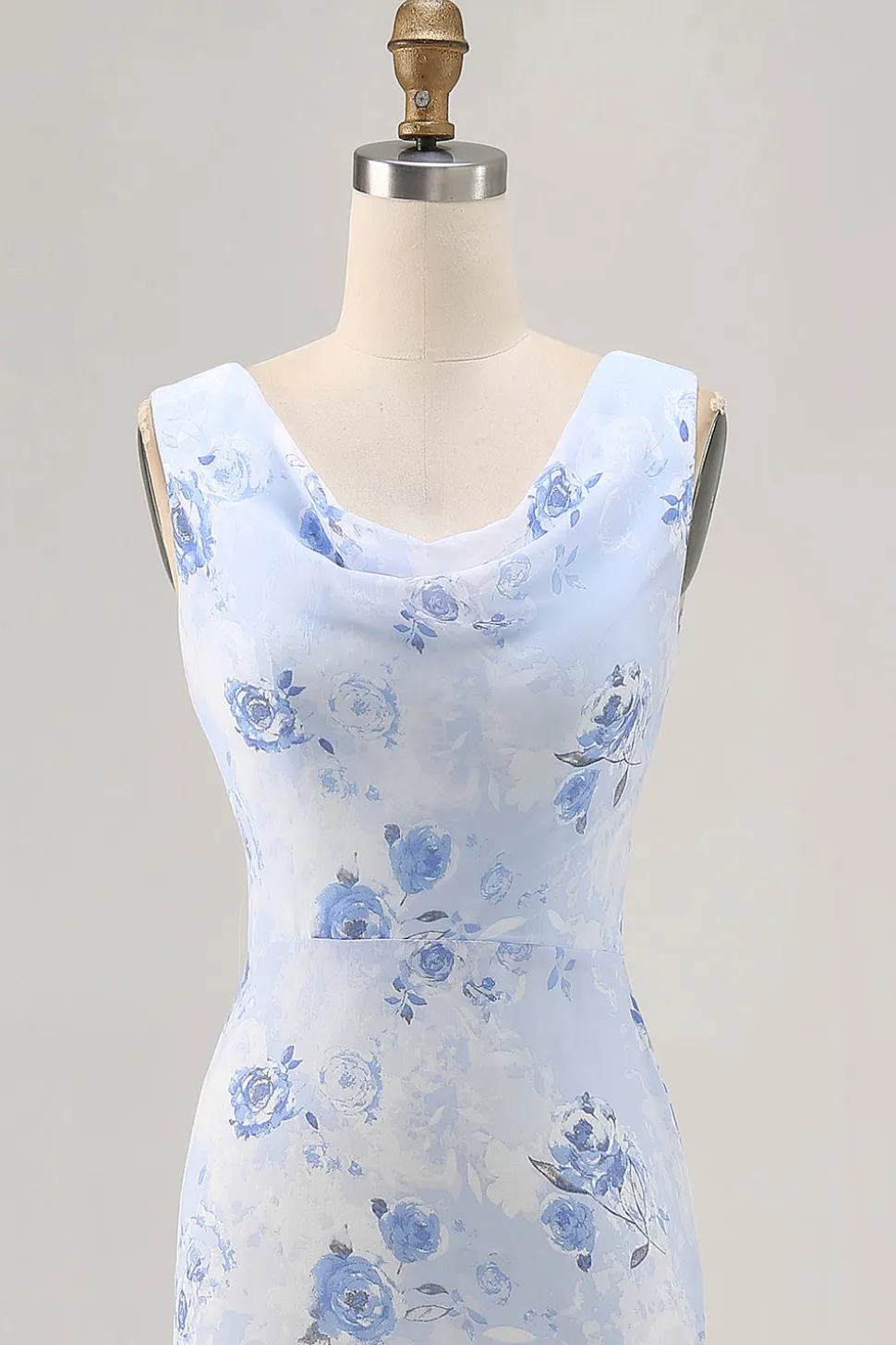 Azul Flores Decote Redondo Bainha Longos Vestido Para Casamento Convidada