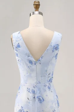Azul Flores Decote Redondo Bainha Longos Vestido Para Casamento Convidada