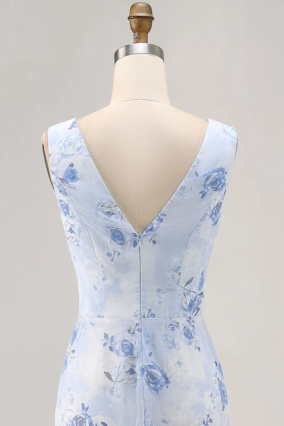 Azul Flores Decote Redondo Bainha Longos Vestido Para Casamento Convidada