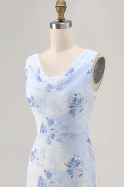 Azul Flores Decote Redondo Bainha Longos Vestido Para Casamento Convidada