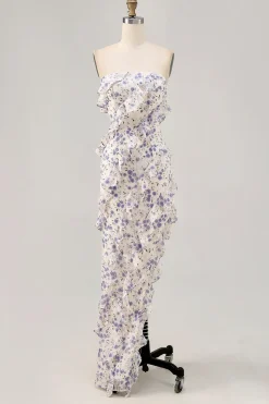Azul Flores Direto Babados Longos Assimétrico Vestido Para Casamento Convidada