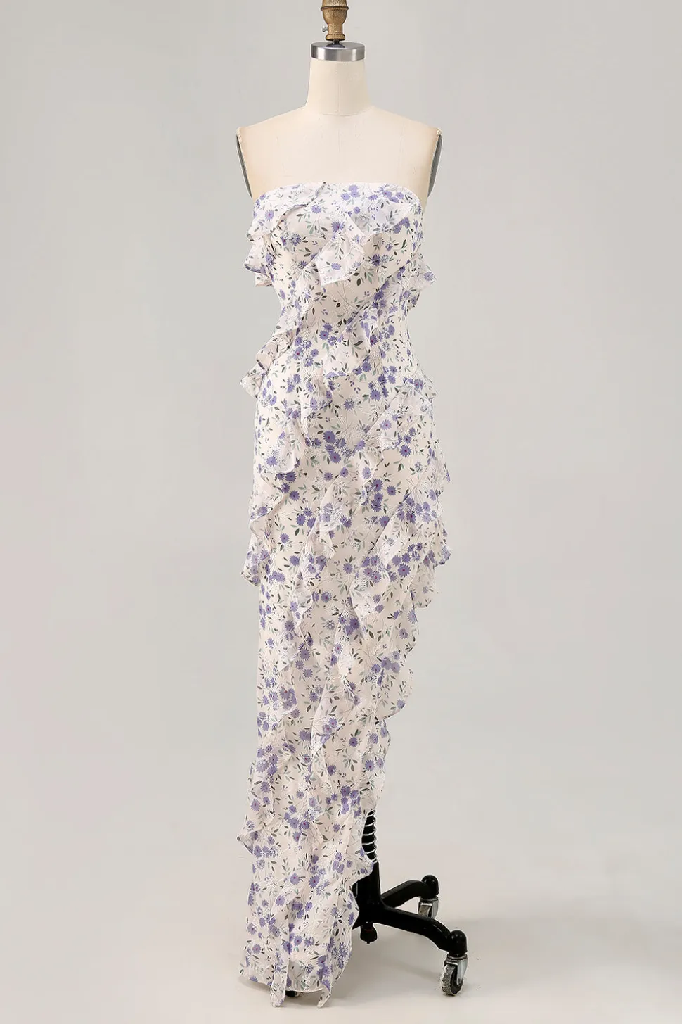 Azul Flores Direto Babados Longos Assimétrico Vestido Para Casamento Convidada