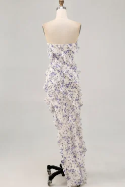 Azul Flores Direto Babados Longos Assimétrico Vestido Para Casamento Convidada