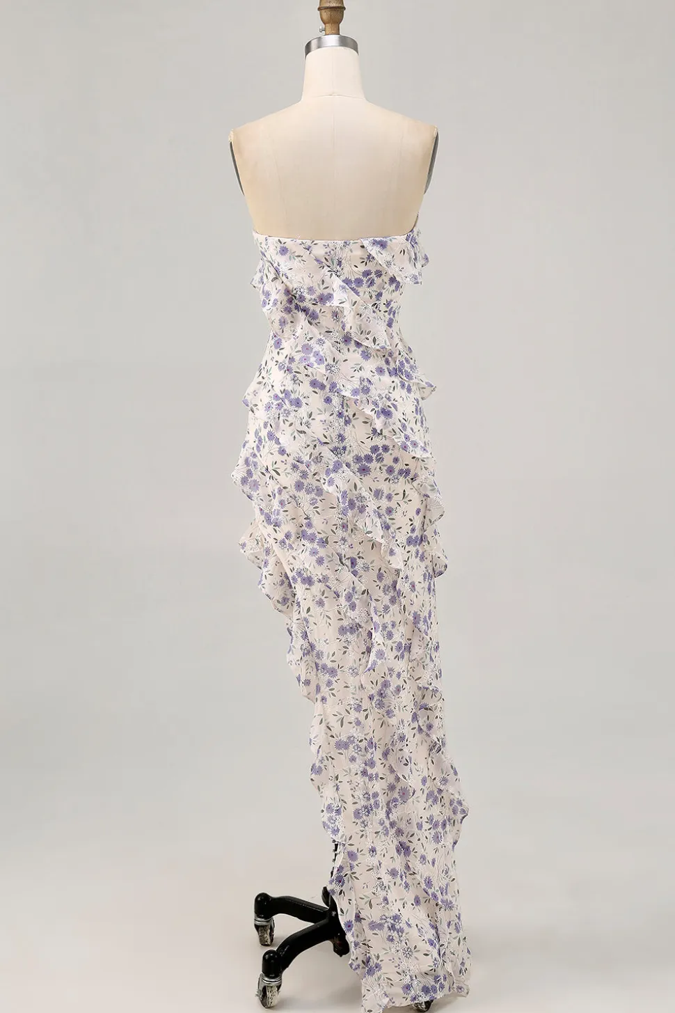 Azul Flores Direto Babados Longos Assimétrico Vestido Para Casamento Convidada