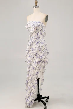 Azul Flores Direto Babados Longos Assimétrico Vestido Para Casamento Convidada
