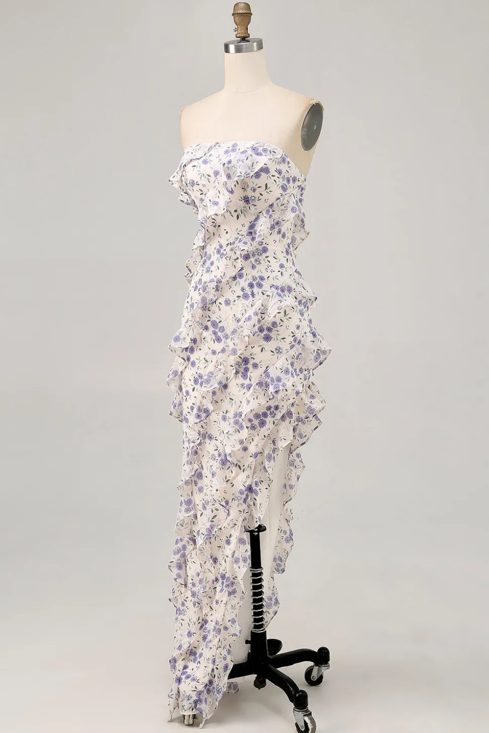 Azul Flores Direto Babados Longos Assimétrico Vestido Para Casamento Convidada