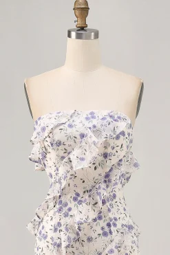 Azul Flores Direto Babados Longos Assimétrico Vestido Para Casamento Convidada