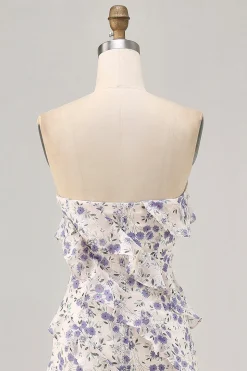 Azul Flores Direto Babados Longos Assimétrico Vestido Para Casamento Convidada