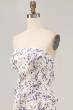 Azul Flores Direto Babados Longos Assimétrico Vestido Para Casamento Convidada