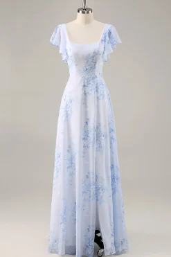 Azul Flores Pescoço Quadrado Chiffon Longo Vestido Para Casamento Convidada