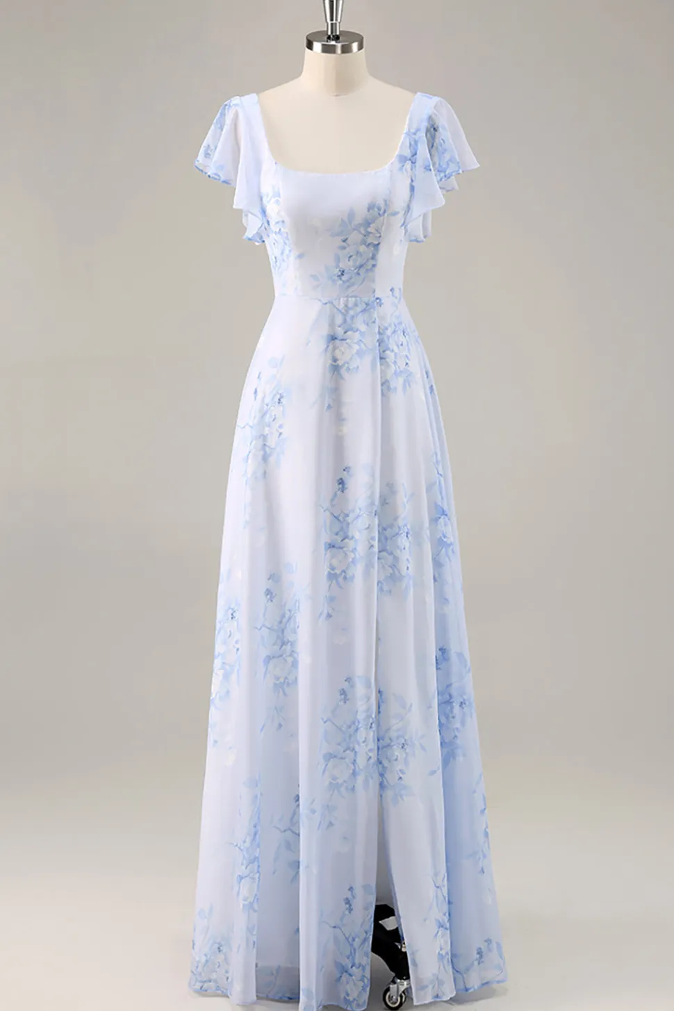Azul Flores Pescoço Quadrado Chiffon Longo Vestido Para Casamento Convidada