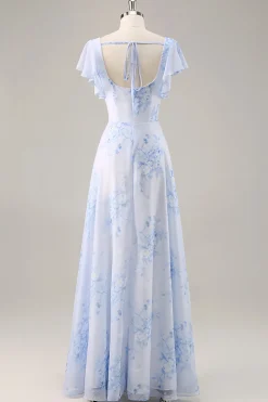 Azul Flores Pescoço Quadrado Chiffon Longo Vestido Para Casamento Convidada