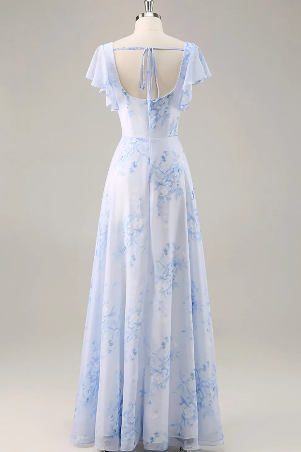 Azul Flores Pescoço Quadrado Chiffon Longo Vestido Para Casamento Convidada