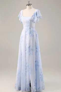 Azul Flores Pescoço Quadrado Chiffon Longo Vestido Para Casamento Convidada