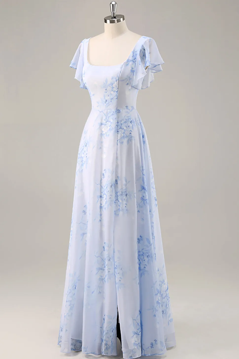 Azul Flores Pescoço Quadrado Chiffon Longo Vestido Para Casamento Convidada