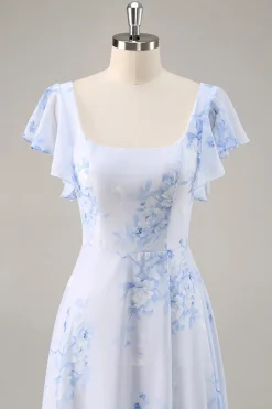 Azul Flores Pescoço Quadrado Chiffon Longo Vestido Para Casamento Convidada