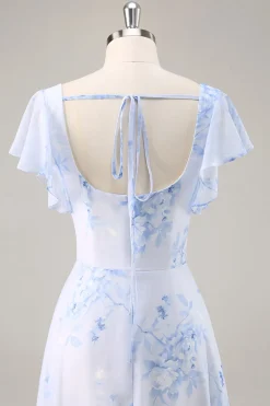 Azul Flores Pescoço Quadrado Chiffon Longo Vestido Para Casamento Convidada