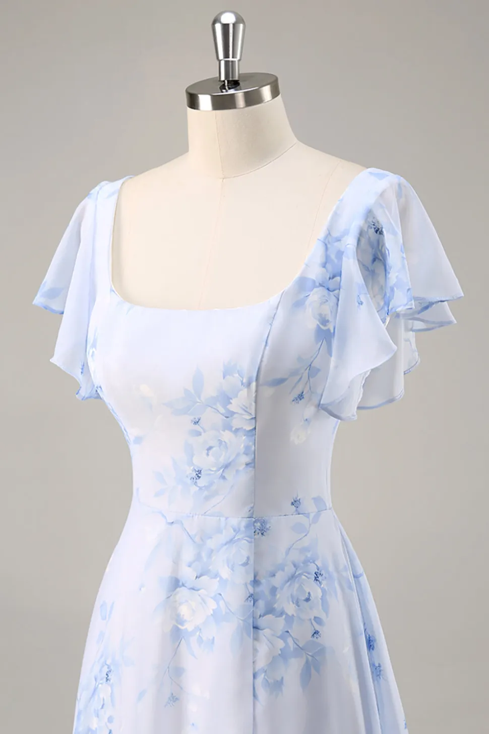 Azul Flores Pescoço Quadrado Chiffon Longo Vestido Para Casamento Convidada