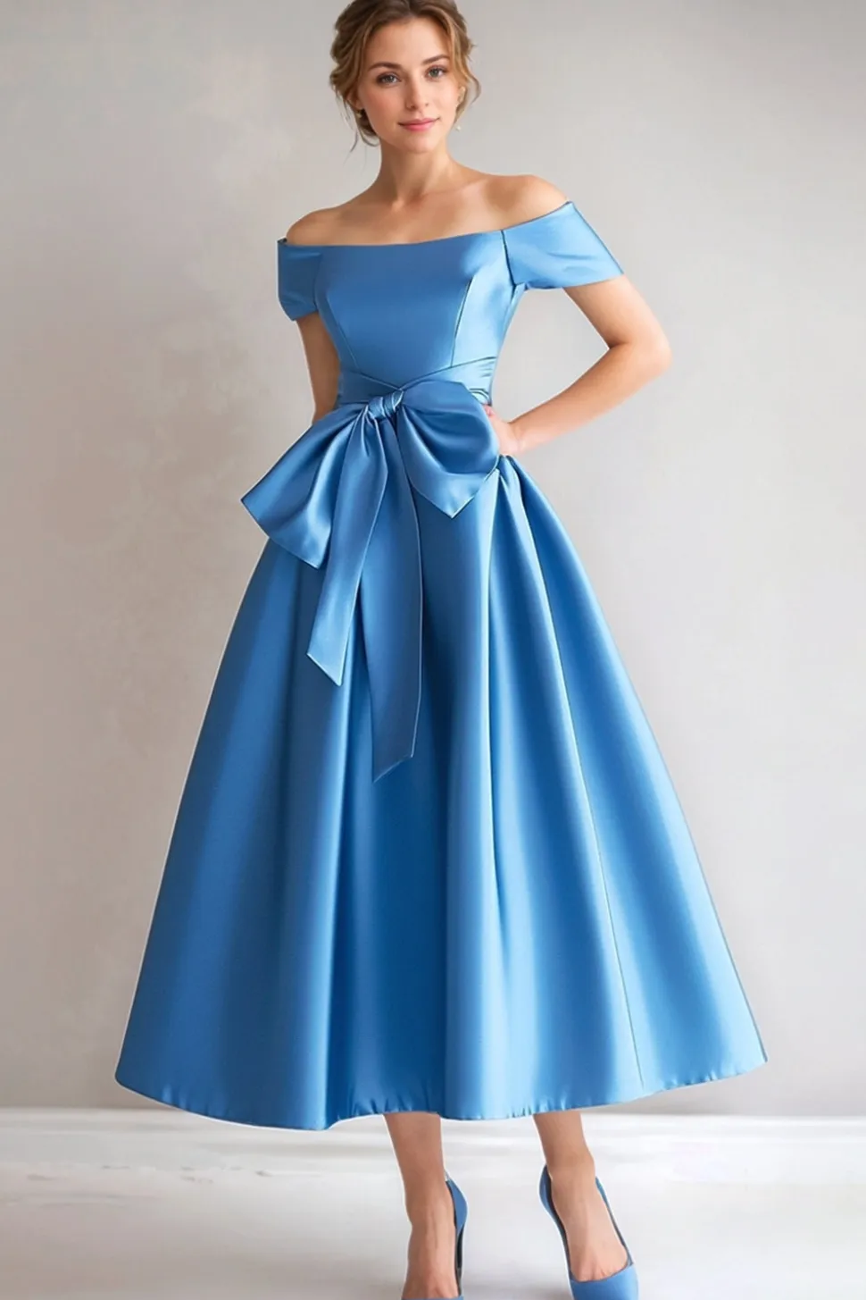 Azul Fora do Ombro A-Line Satin Tea Comprimento Mãe Do Vestido da Noiva com Arco