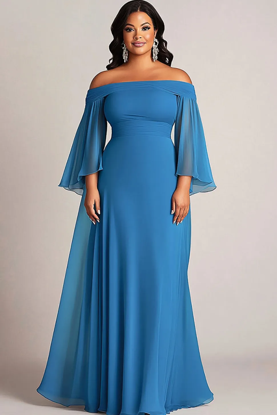 Azul fora do ombro babados mangas plus size longa mãe do vestido de noiva