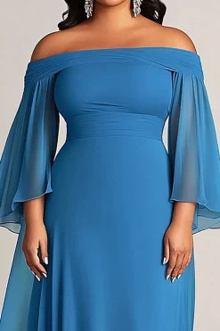 Azul fora do ombro babados mangas plus size longa mãe do vestido de noiva