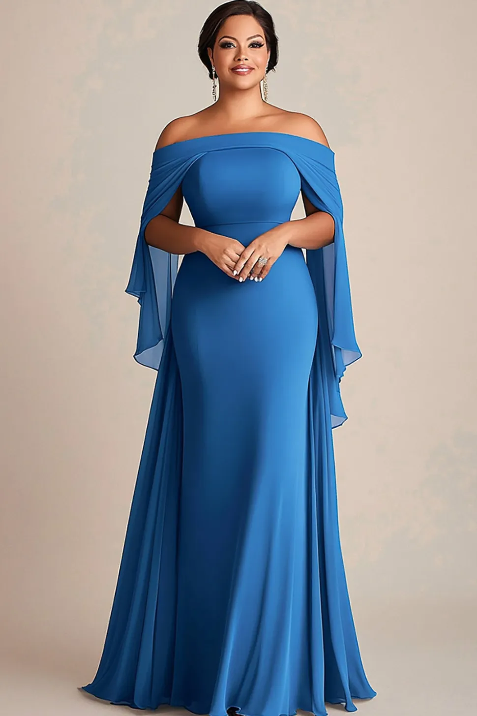 Azul Fora do Ombro Bainha Chiffon Tamanhos Grandes Vestido Mae Noiva
