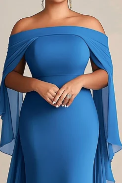 Azul Fora do Ombro Bainha Chiffon Tamanhos Grandes Vestido Mae Noiva