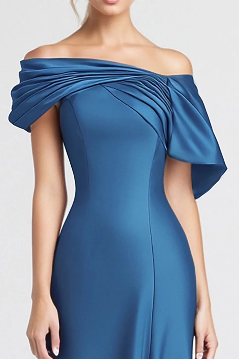 Azul fora do ombro cetim sereia longo vestido formal