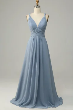 Azul Gola em V A Line Vestido de Dama de Honor