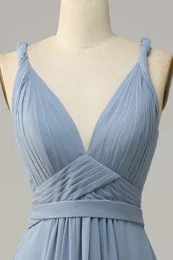 Azul Gola em V A Line Vestido de Dama de Honor