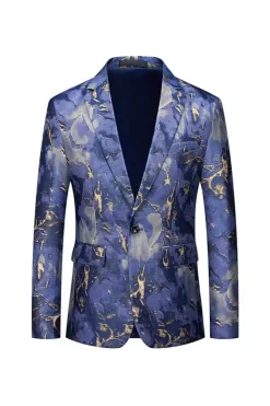 Azul Impresso Um Botão Notched Lapela Fit Blazer Masculino